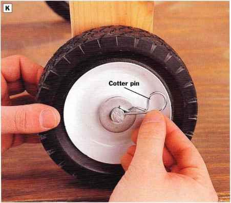 PHOTO Cut shaped notch scrap help steady the axle you drill holes for cotter pins Fasten the notched cradle another scrap and clamp the jig the drill press table Drill through the rod using slow speed setting and firm but not excessive force the bit